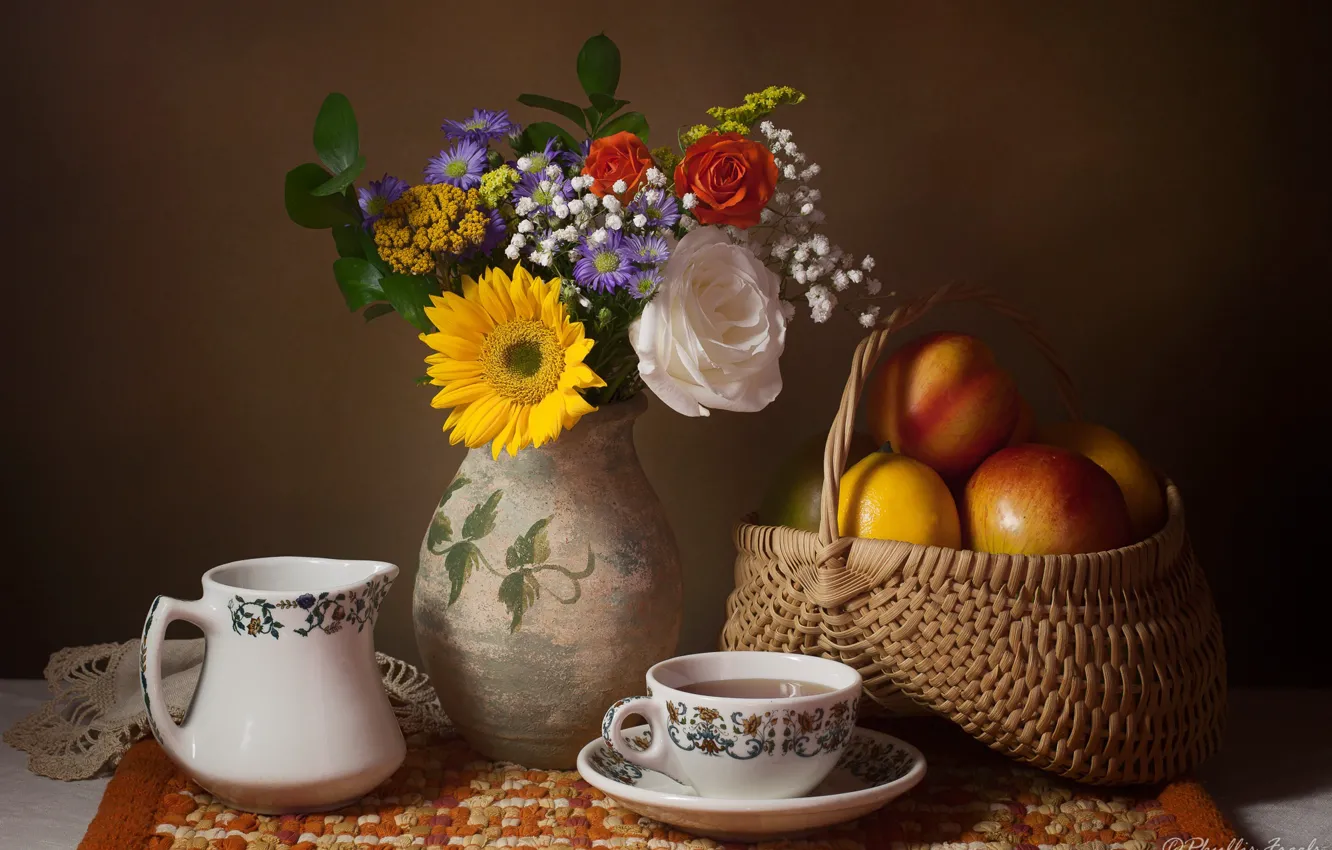 Photo wallpaper flowers, tea, basket, apples, mug, Cup, vase, still life