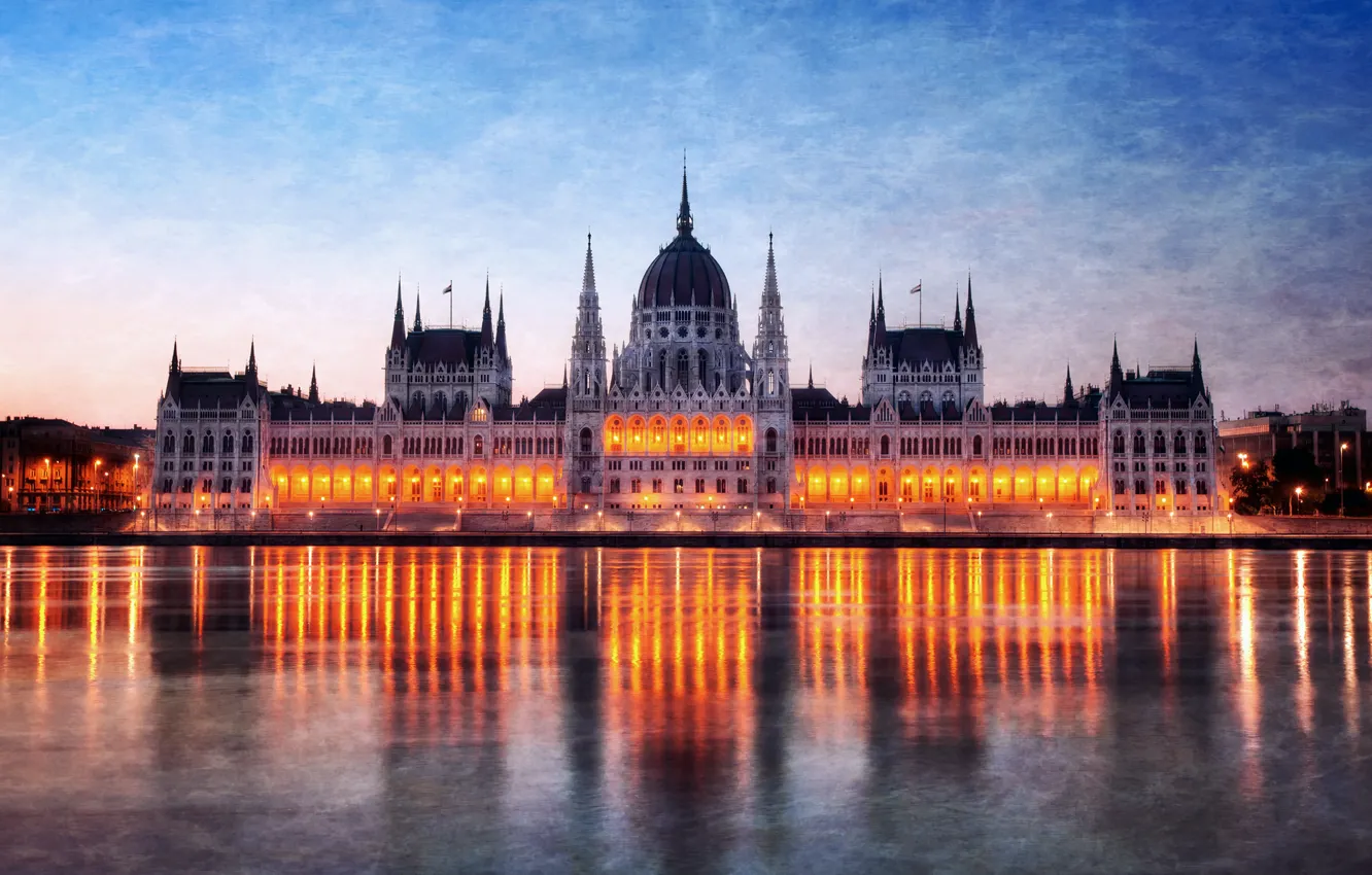 Photo wallpaper night, lights, reflection, river, backlight, Parliament, Hungary, Budapest