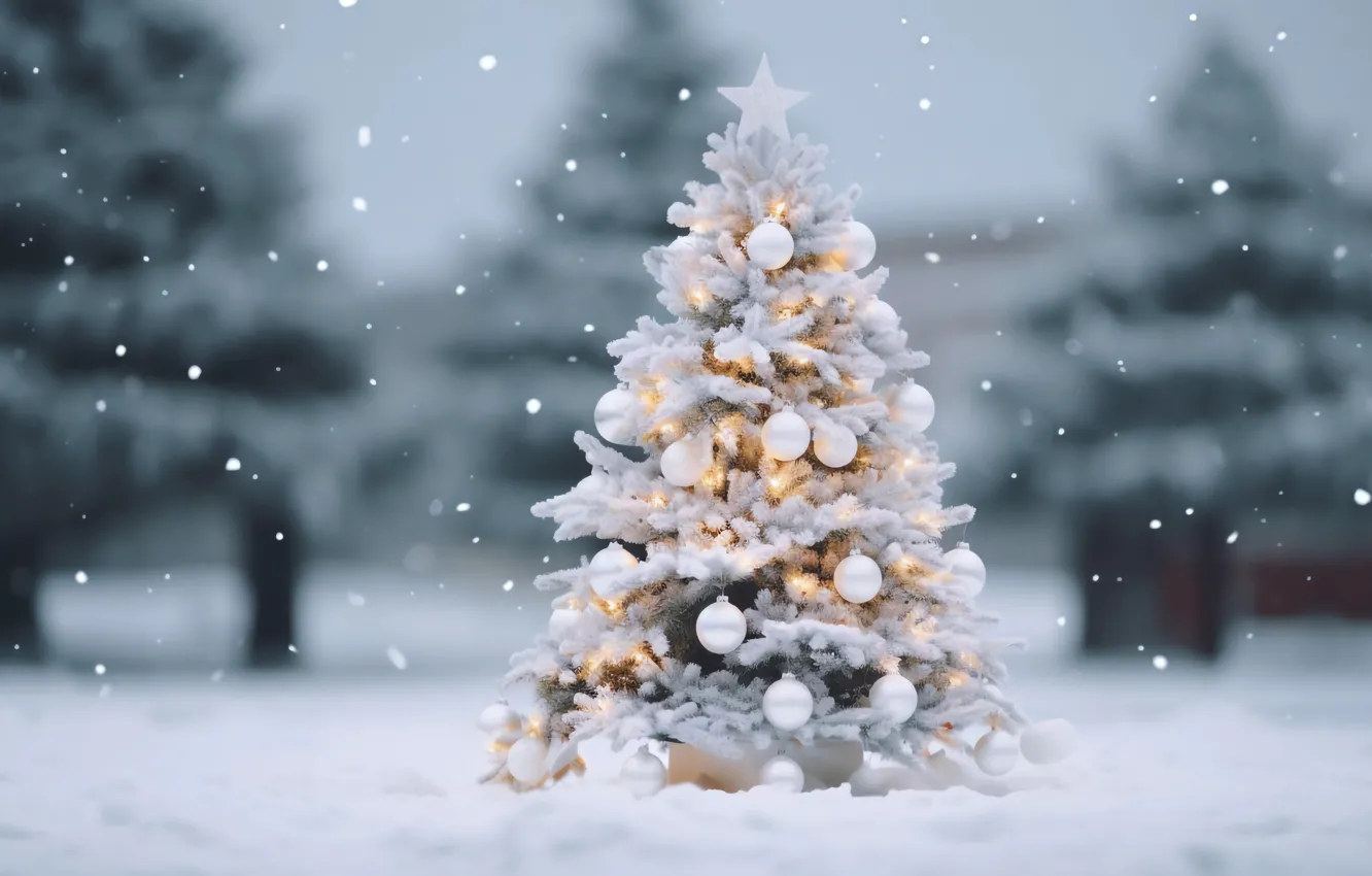 Photo wallpaper winter, snow, decoration, background, balls, tree, New Year, Christmas