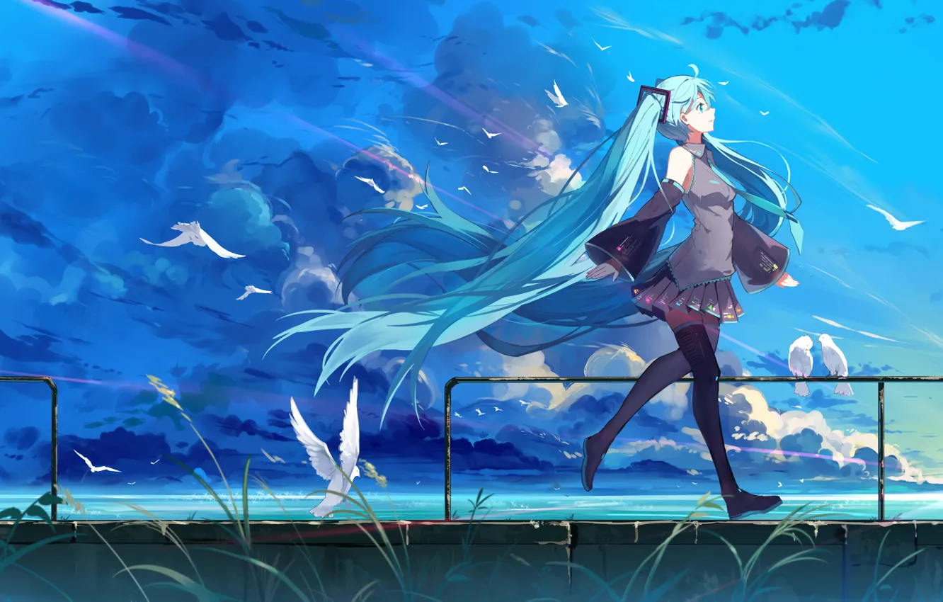 Photo wallpaper the sky, girl, clouds, birds, nature, smile, anime, art