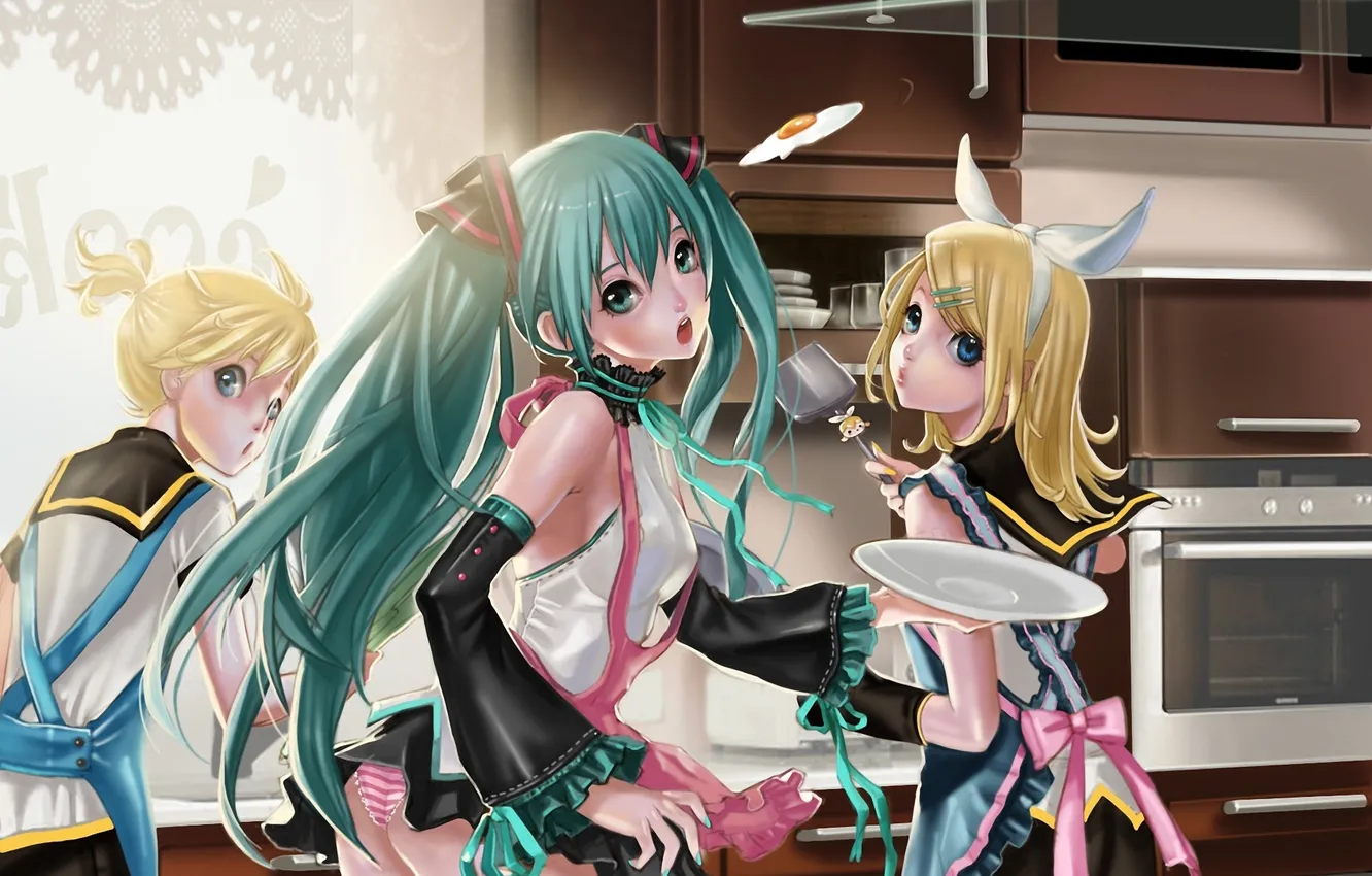 Photo wallpaper kitchen, scrambled eggs, vocaloid, hatsune miku, kagamine rin, apron, kagamine len, cooking