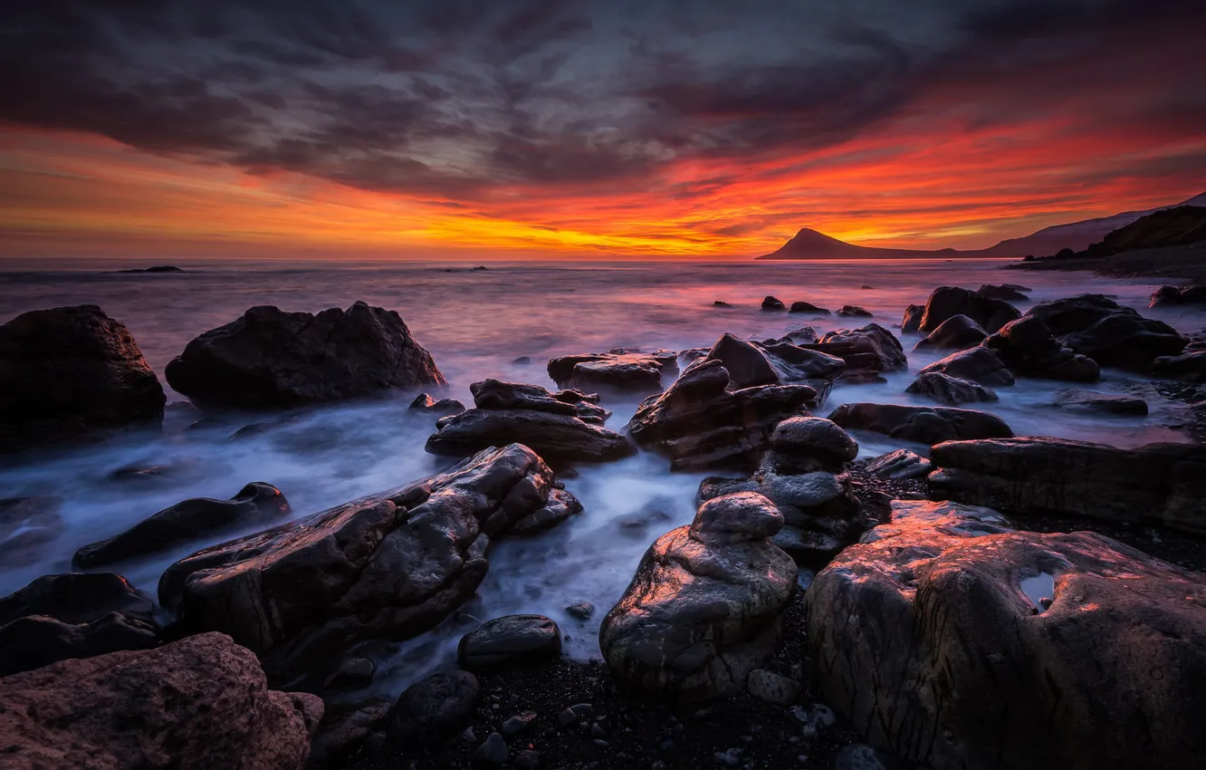 Photo wallpaper clouds, landscape, sunset, stones, the ocean, rocks, coast, Iceland