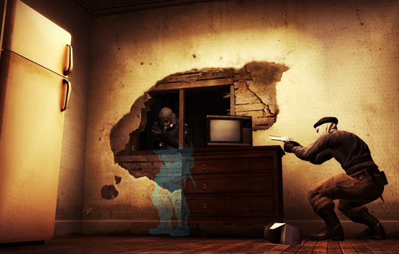 Photo wallpaper gun, table, room, wall, danger, the darkness, Board, hole