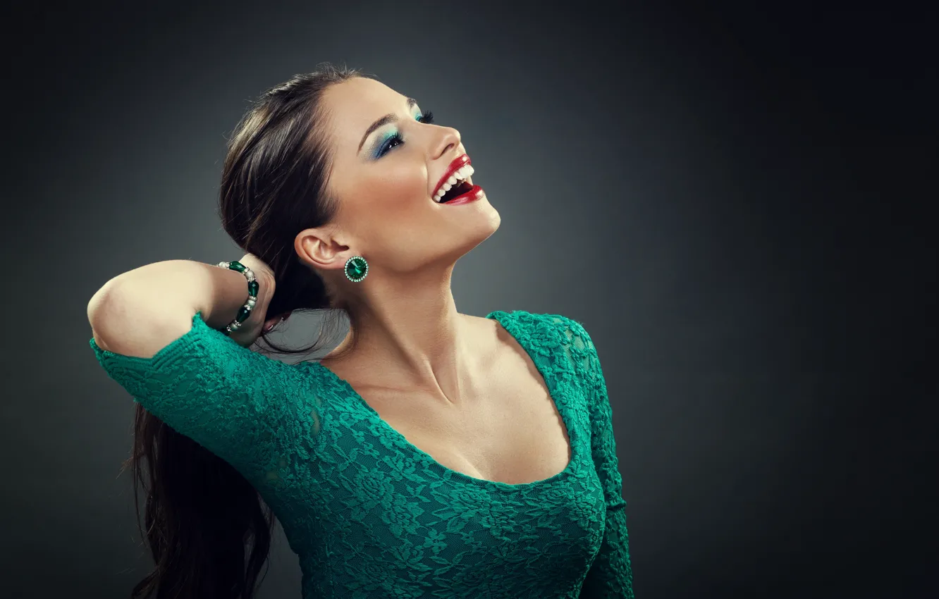 Photo wallpaper girl, face, smile, mood, model, hands, makeup, lipstick