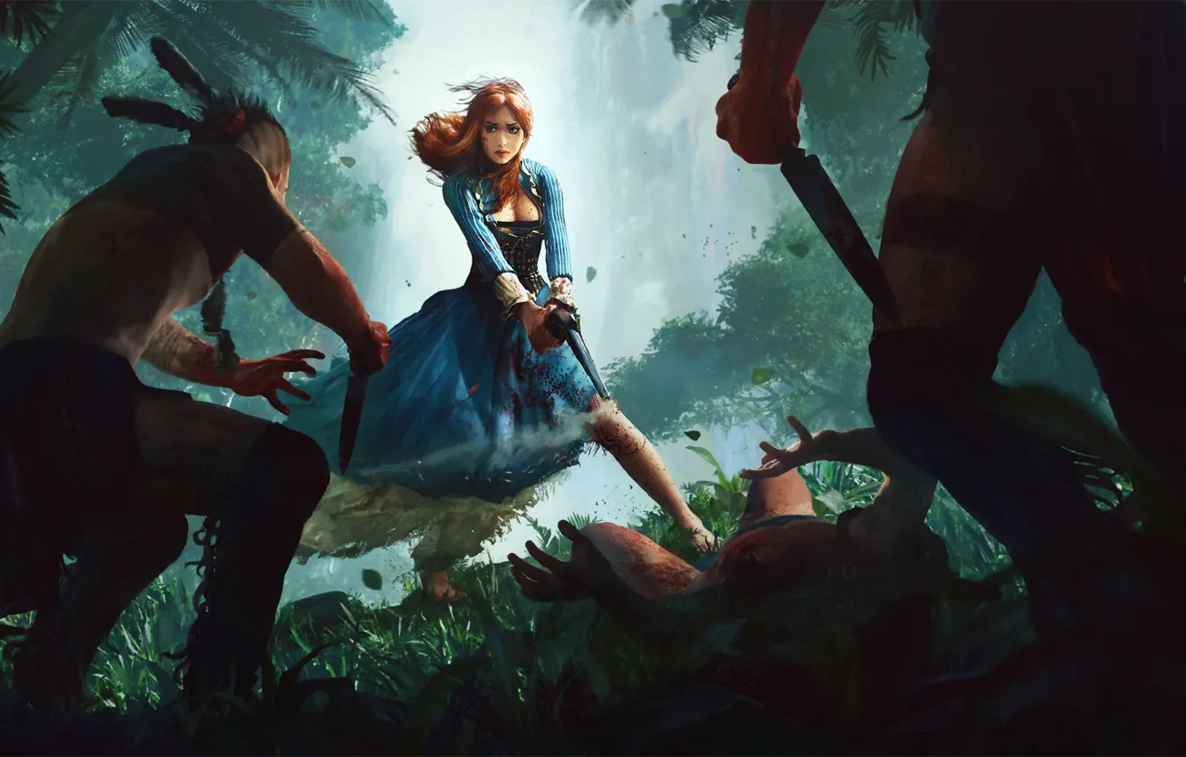 Photo wallpaper forest, girl, dress, knife, art, muskets, aboriginal