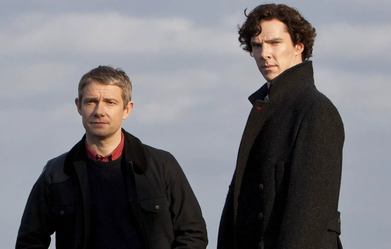 Photo wallpaper background, two, friends, Martin Freeman, Benedict Cumberbatch, Benedict Cumberbatch, Sherlock, Sherlock BBC
