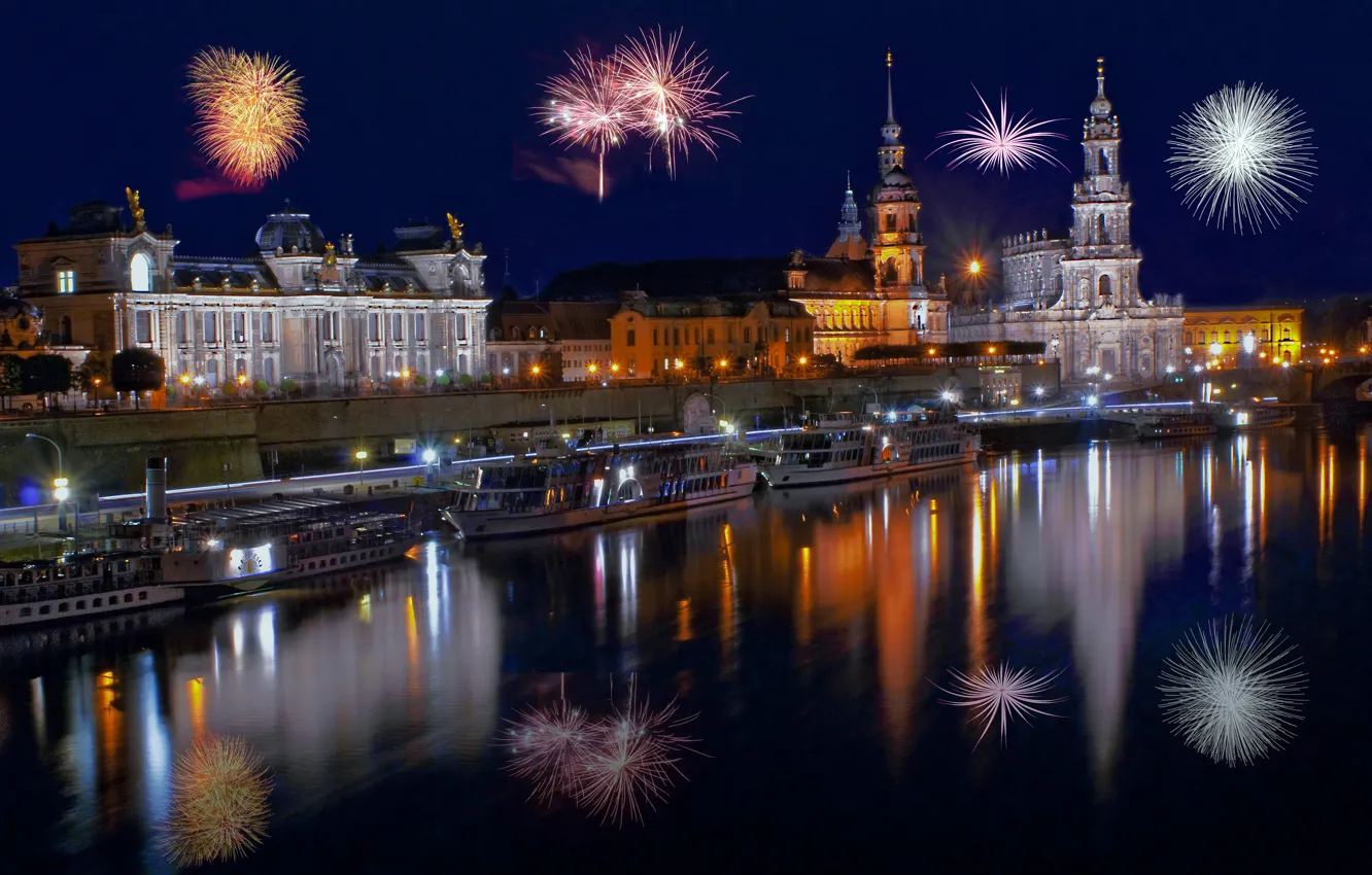 Photo wallpaper night, holiday, salute, Germany, Dresden, Church, Cathedral, New year