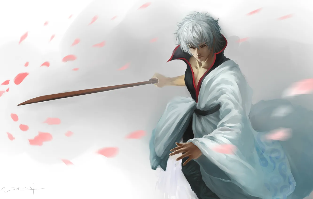 Photo wallpaper sword, katana, petals, art, guy, gintama, sakata gintoki, hangleing