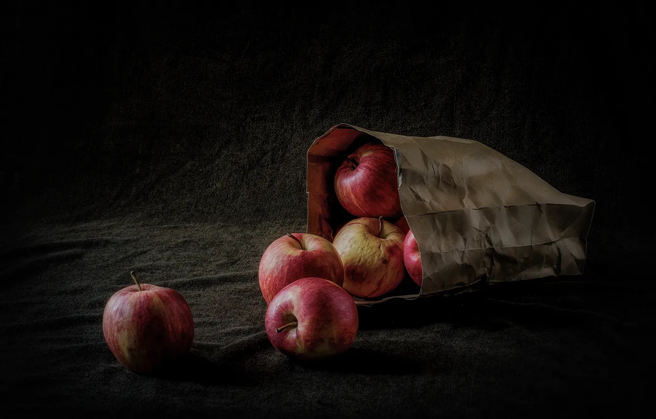 Photo wallpaper light, red, the dark background, apples, package, fabric, still life