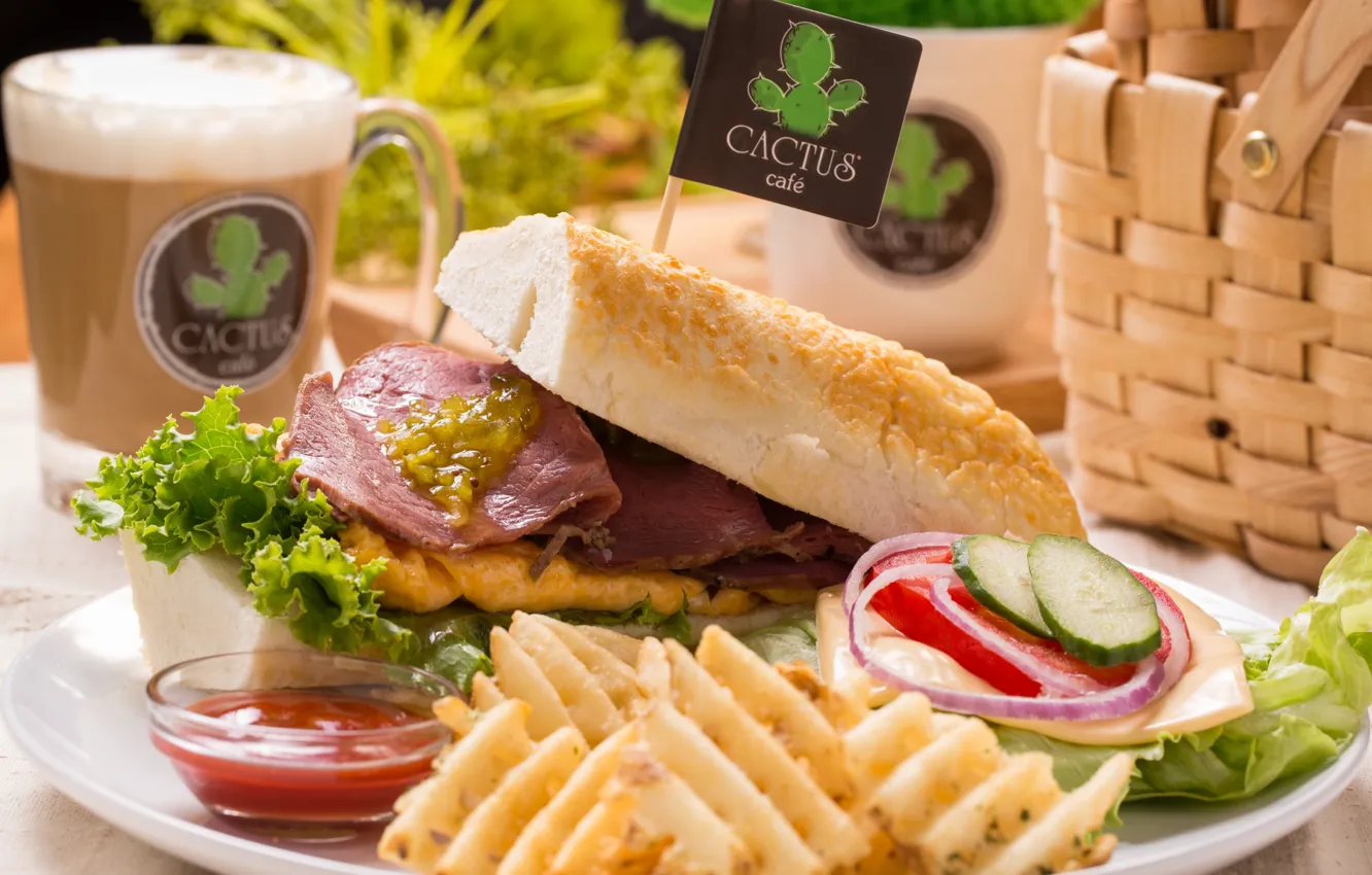 Photo wallpaper coffee, sauce, sandwiches, potatoes