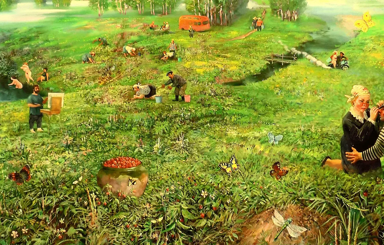 Photo wallpaper forest, berries, glade, people, joke