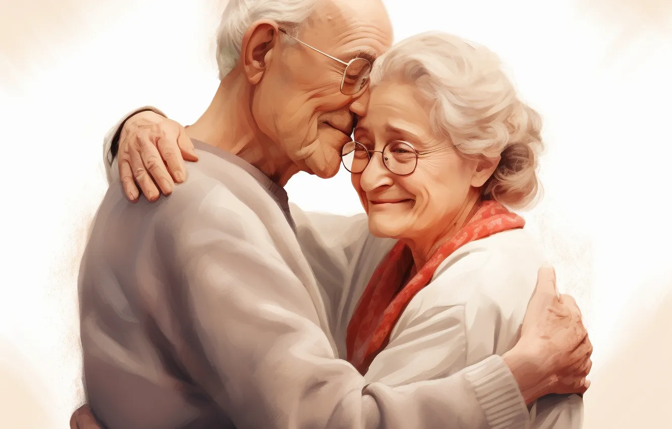 Photo wallpaper love, smile, grandma, glasses, grandpa, two, digital art, AI art