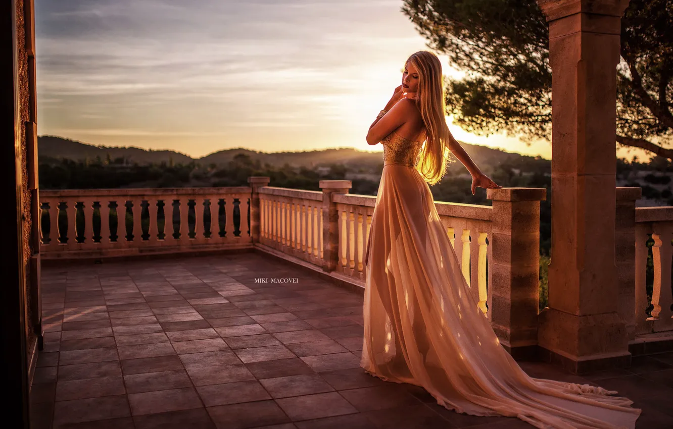 Photo wallpaper girl, long hair, dress, photo, sunset, photographer, model, bokeh