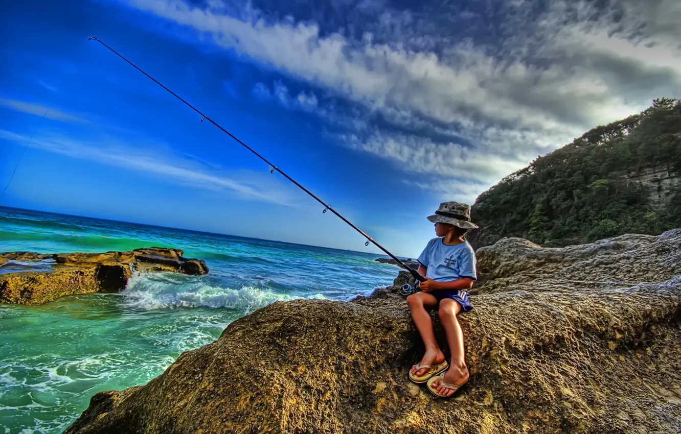 Photo wallpaper sea, shore, fishing, fisherman, rod