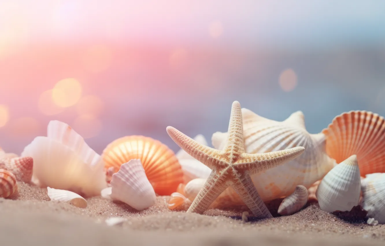 Photo wallpaper sea, beach, the ocean, shore, shell, starfish, seashells, seashell
