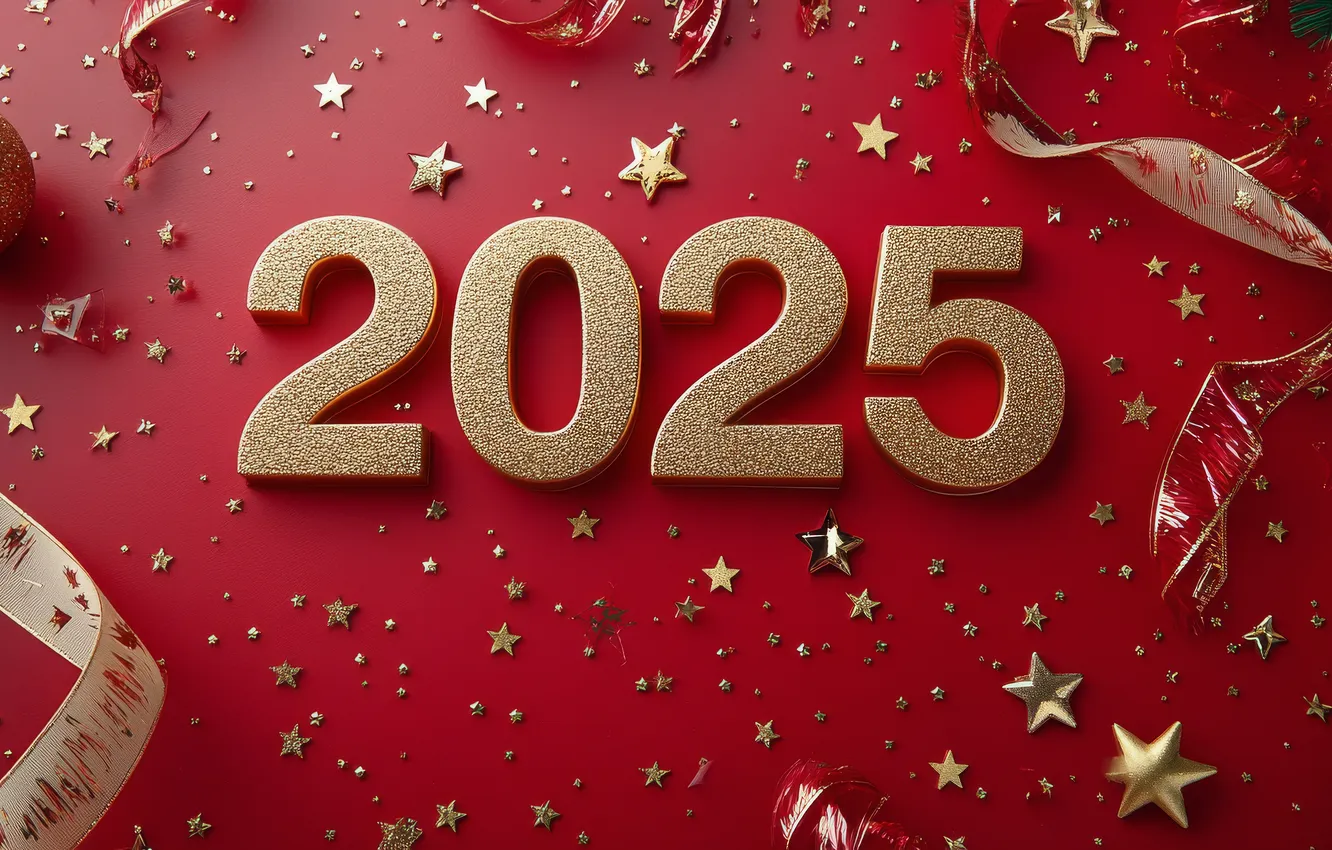 Photo wallpaper stars, new year, Christmas, figures, tape, gold plated, red background, date