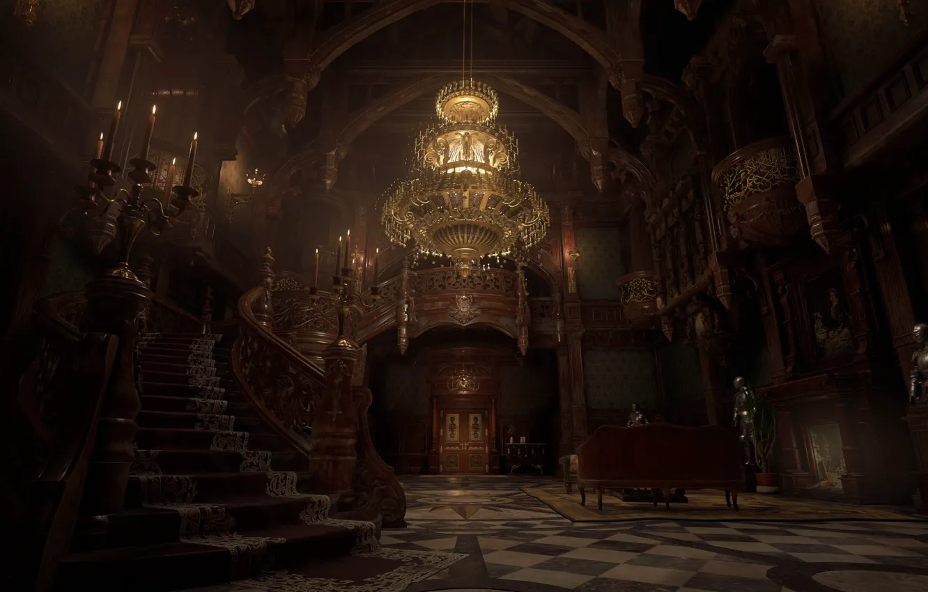 Photo wallpaper interior, ladder, chandelier, Resident evil, hall, chandelier, Resident Evil 8: Village
