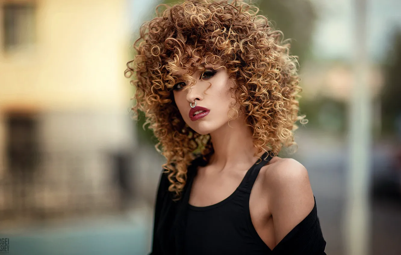 Photo wallpaper look, face, style, background, portrait, makeup, piercing, curls