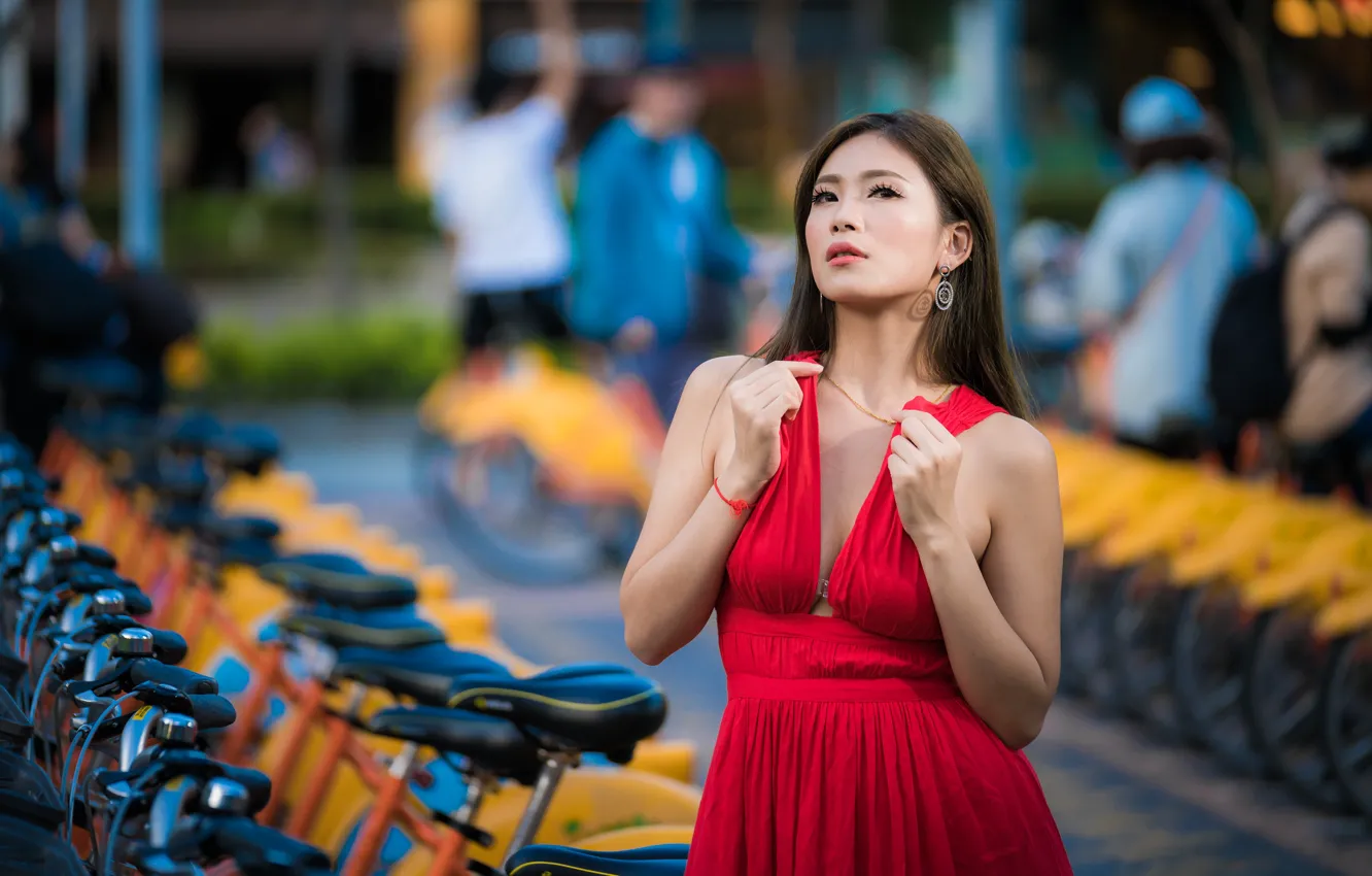 Photo wallpaper pose, dress, Asian, in red, bokeh
