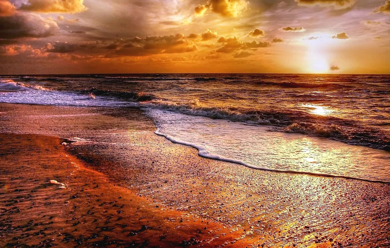 Photo wallpaper sea, wave, beach, the sky, sunset, clouds, the evening