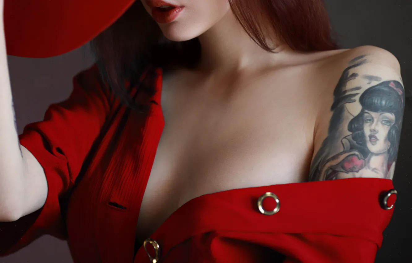 Photo wallpaper girl, style, hat, tattoo, sponge, red dress, shoulder, Anton Levchenko