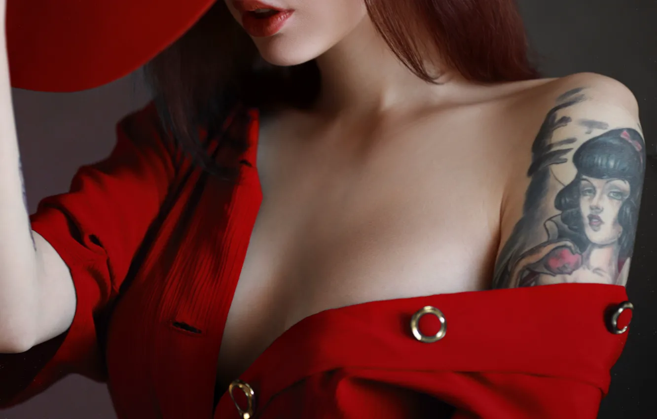 Photo wallpaper girl, style, hat, tattoo, sponge, red dress, shoulders, Anton Levchenko