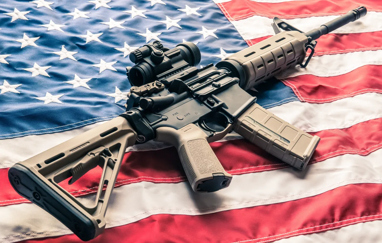 Photo wallpaper red, white, United States, blue, stars, flag, AR-15