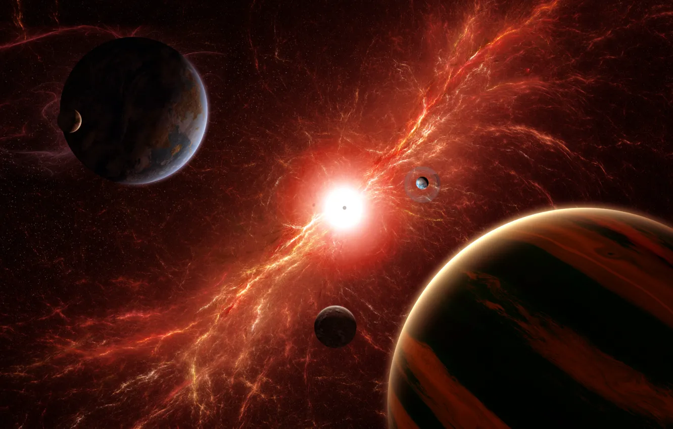 Photo wallpaper energy, space, stars, the explosion, planet, satellite, art