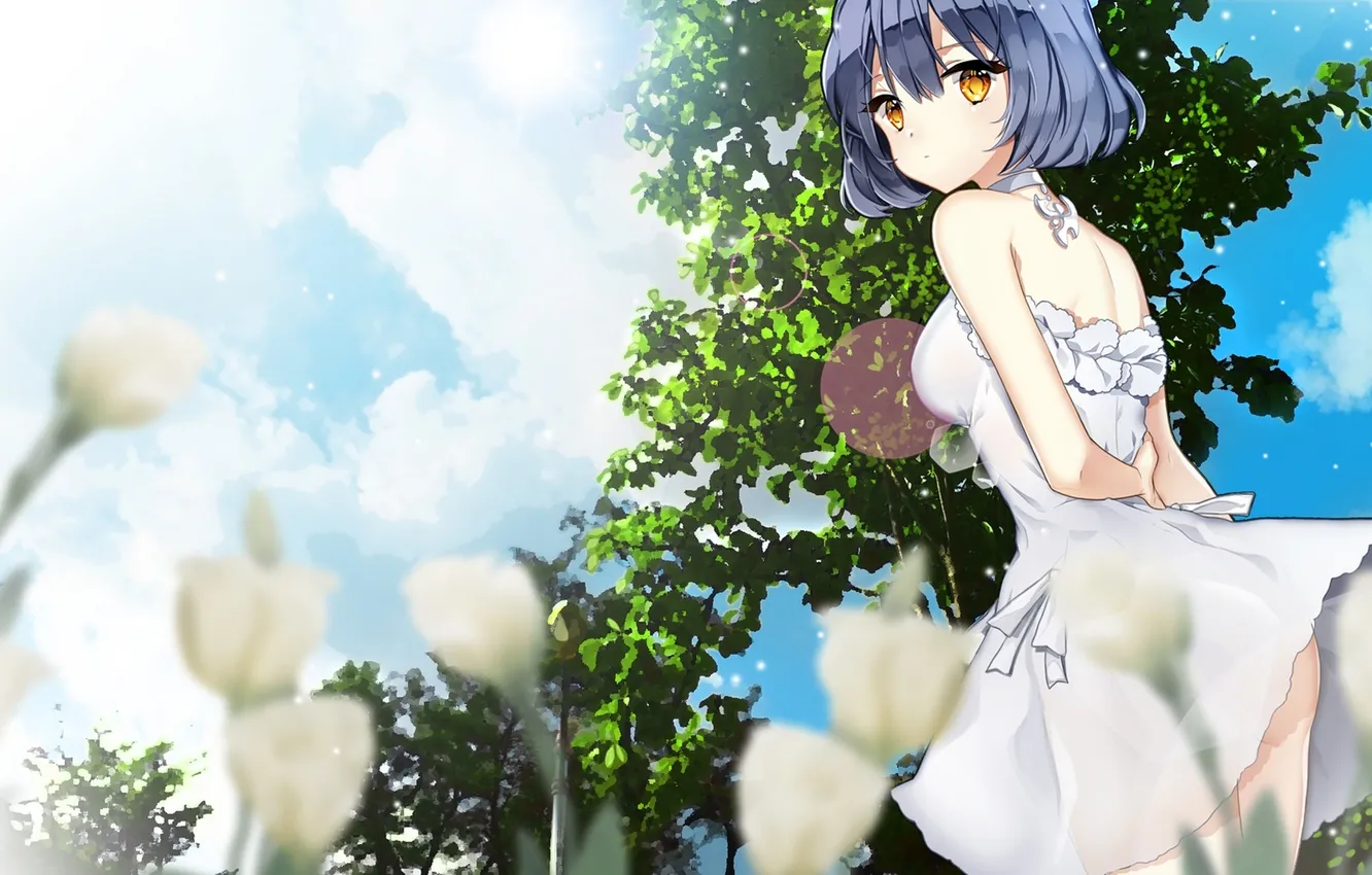 Photo wallpaper the sky, girl, clouds, trees, flowers, anime, art, primcoco