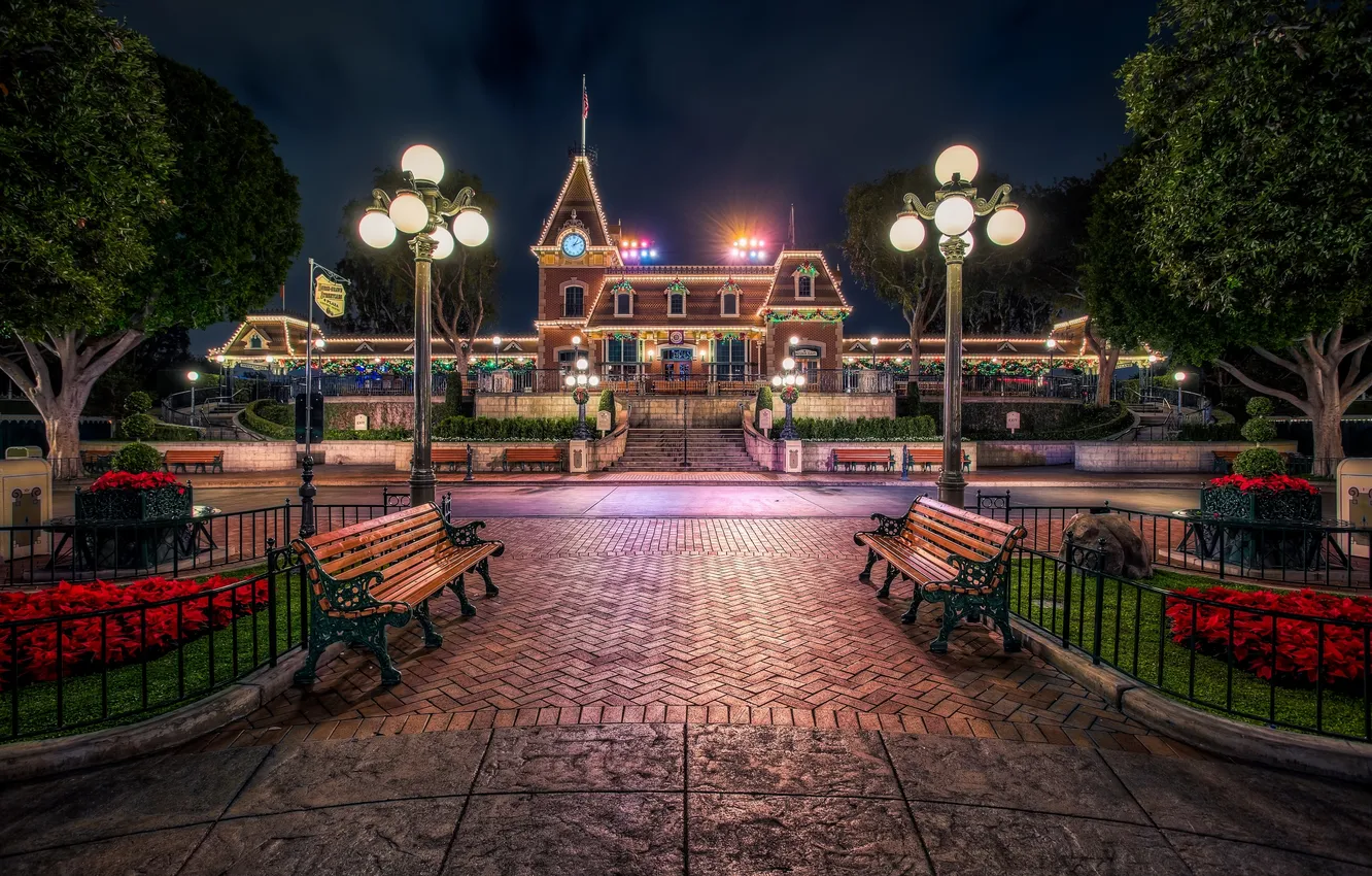 Photo wallpaper lights, CA, Disneyland, benches, California, Disneyland, Anaheim, Anaheim