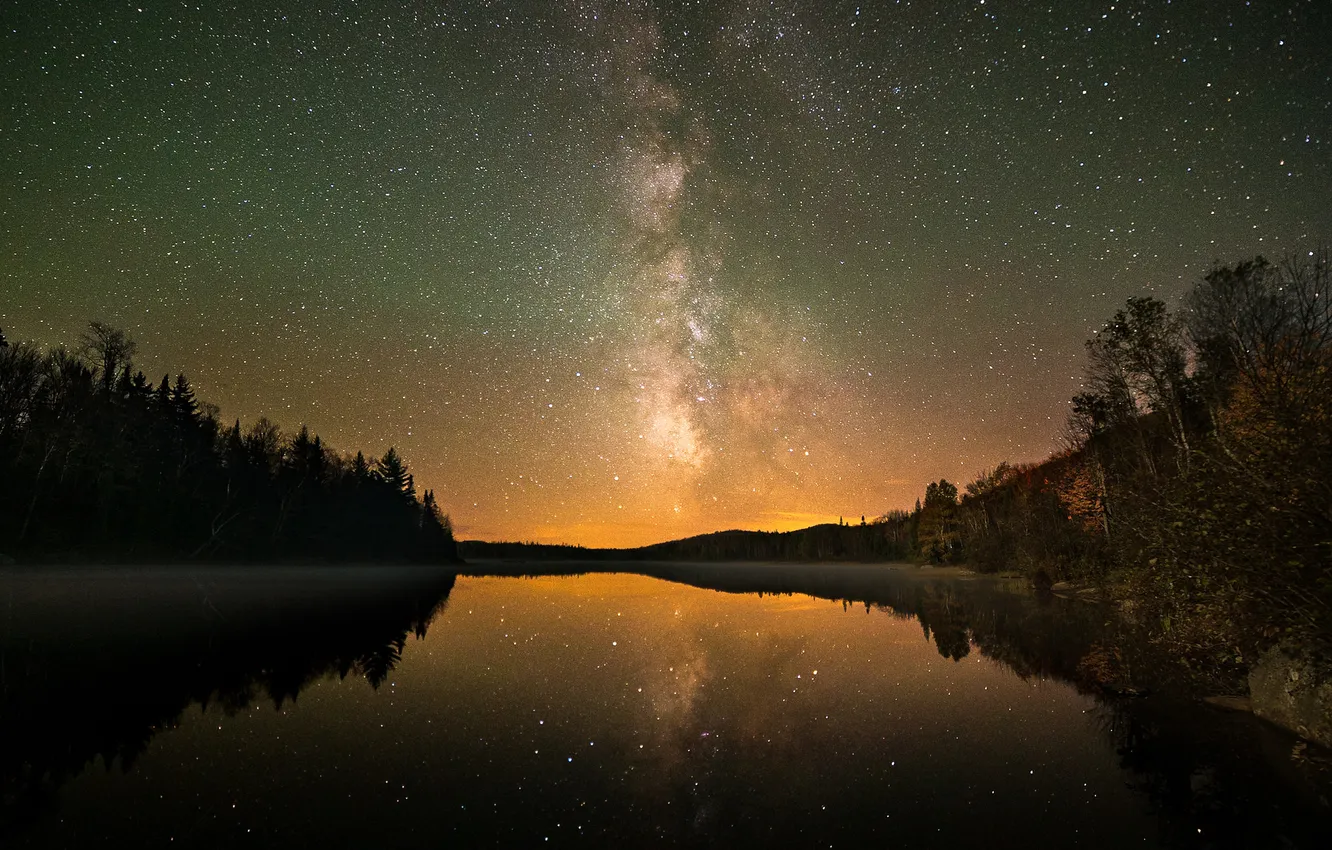 Photo wallpaper the sky, space, stars, light, trees, lake, reflection, mirror