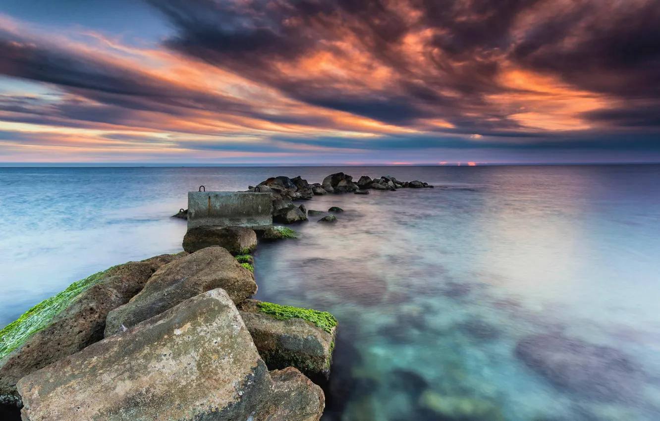 Photo wallpaper landscape, stones, the ocean, dawn, the breakwater