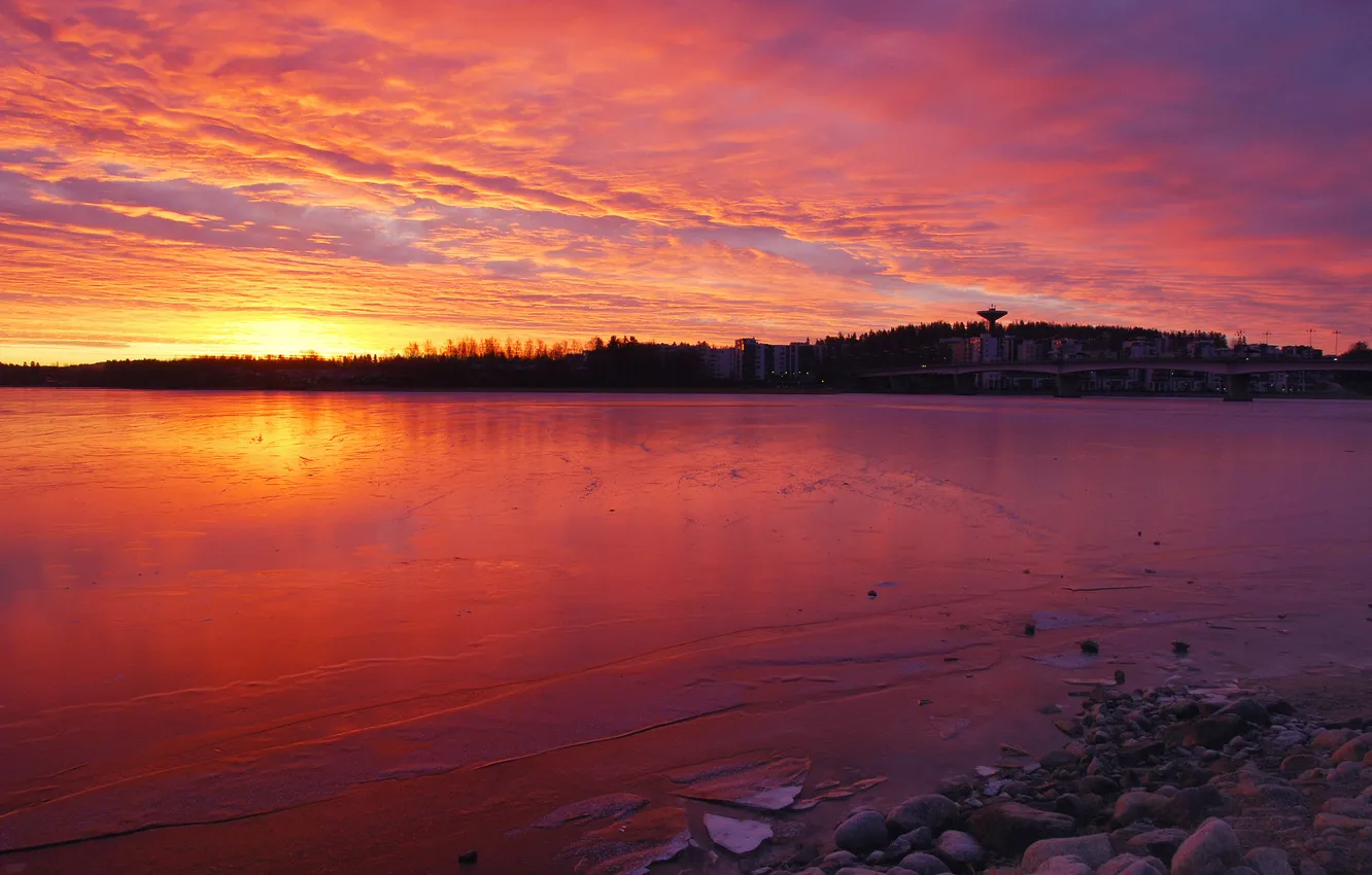 Photo wallpaper sea, sunset, the city