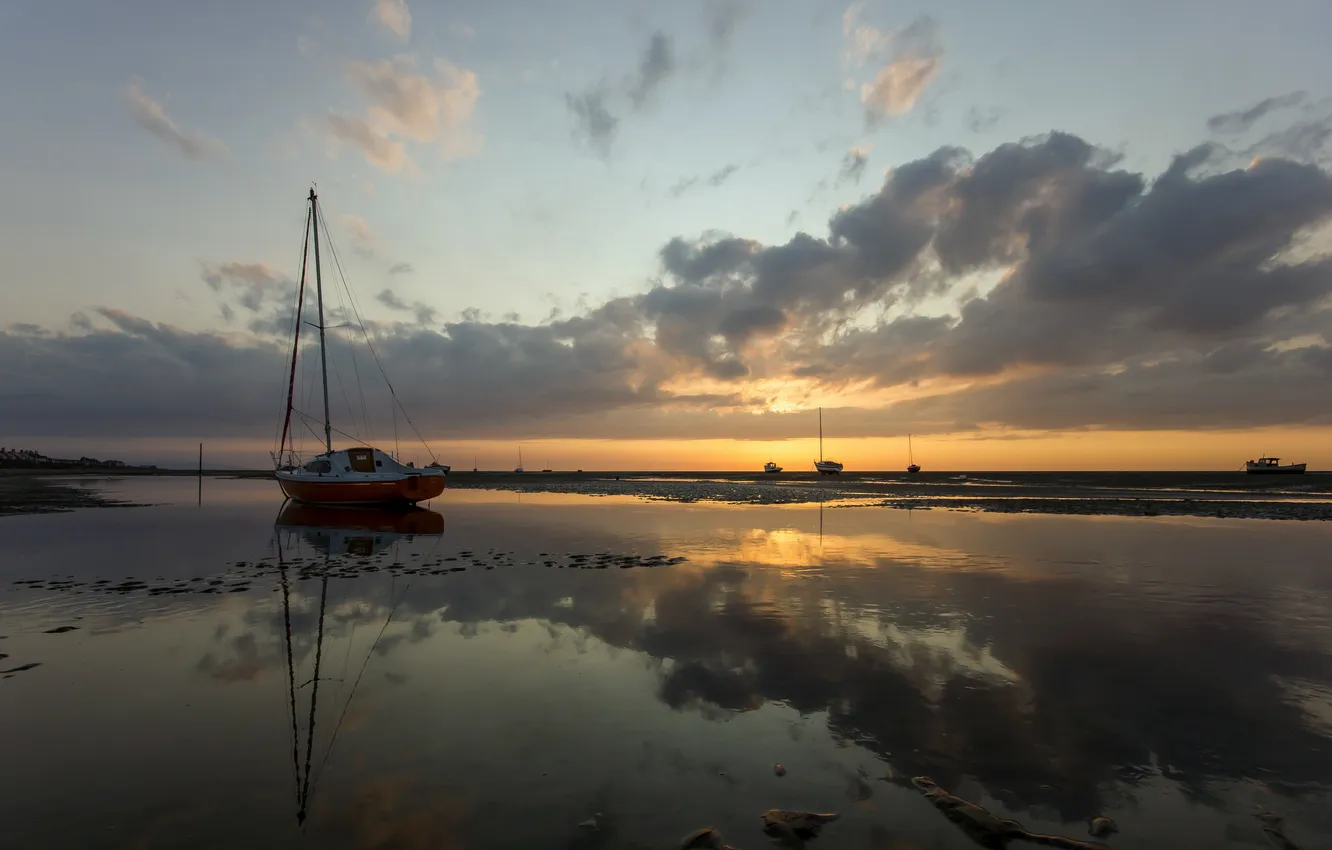 Photo wallpaper sea, landscape, sunset, ship