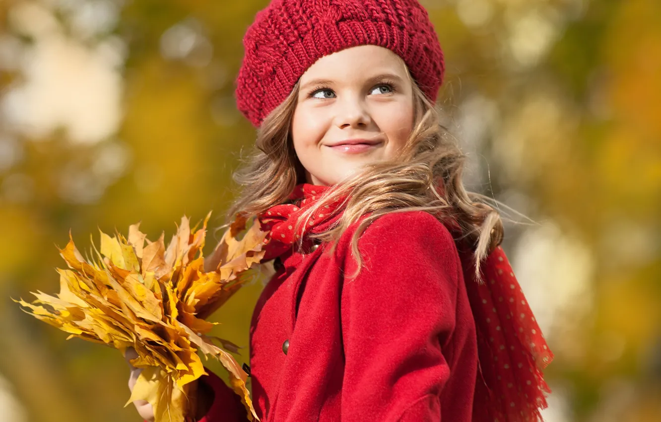 Photo wallpaper autumn, look, leaves, smile, blonde, girl, coat, cap