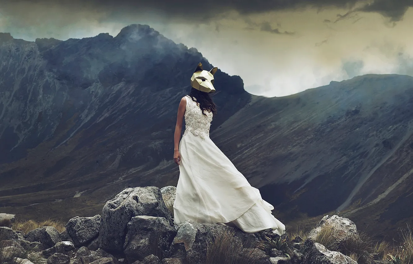 Photo wallpaper girl, mountains, stones, the situation, dress, mask