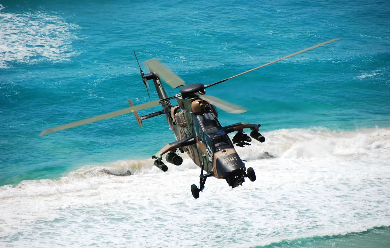 Photo wallpaper sea, wave, flight, helicopter, tiger, Eurocopter, shock, EC 665