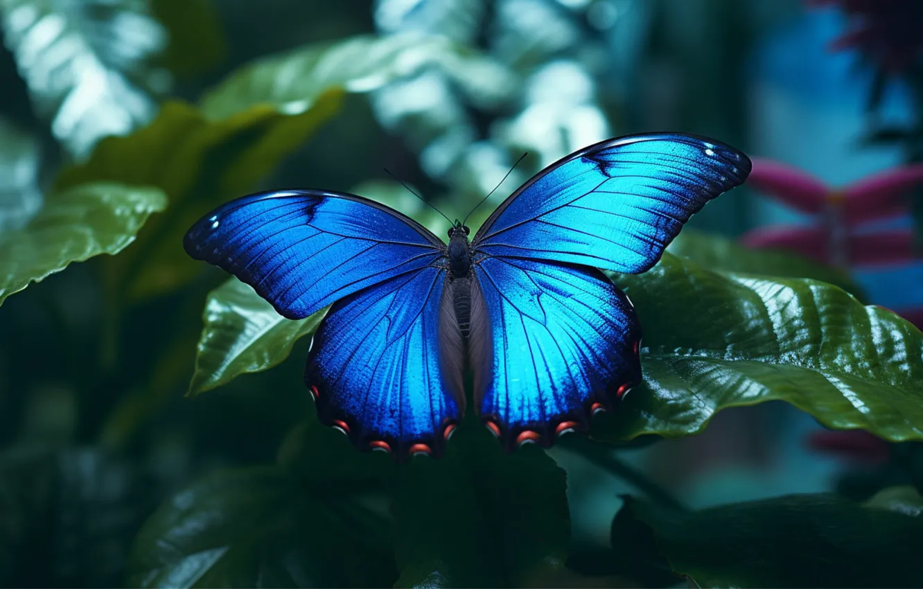 Photo wallpaper leaves, macro, blue, nature, butterfly, AI art, neural network