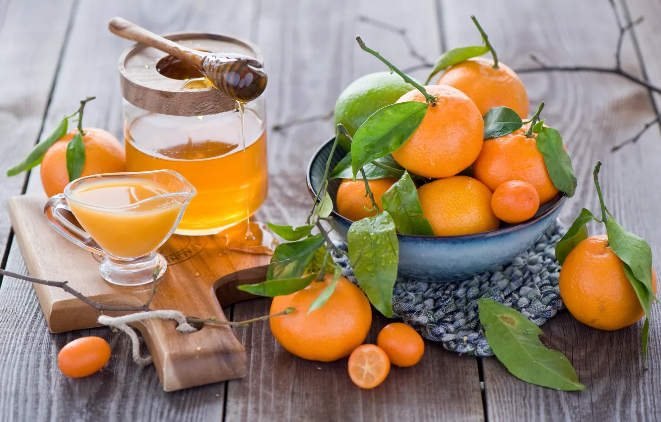 Photo wallpaper juice, still life, honey, tangerines, the kumquats