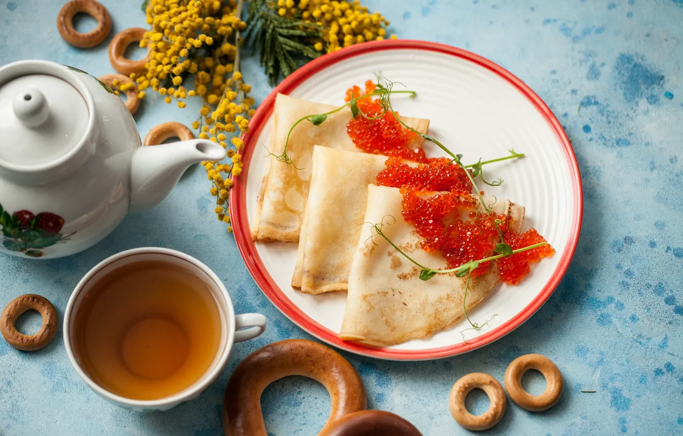 Photo wallpaper flowers, tea, pancakes, drying, Mimosa, Carnival