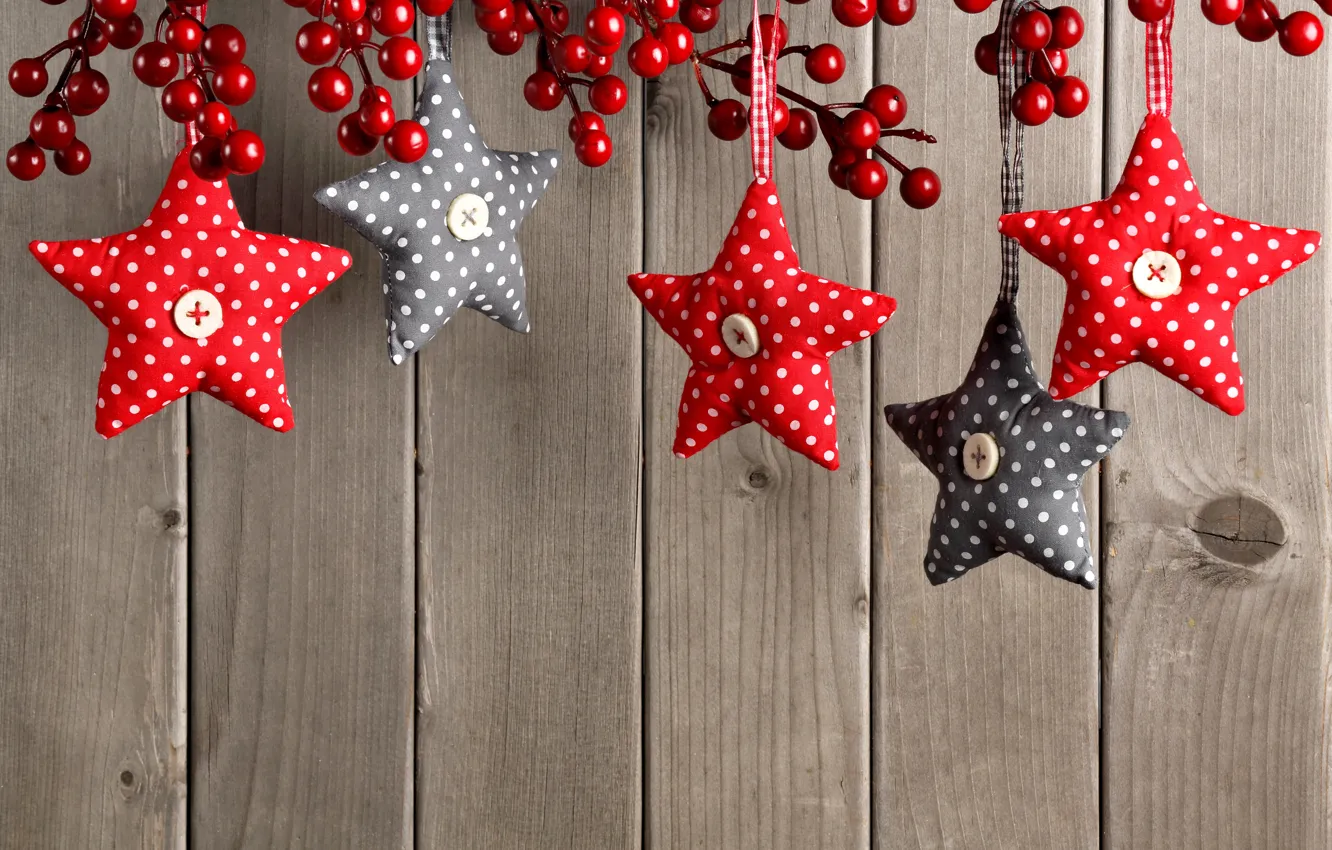 Photo wallpaper stars, decoration, berries, new year, Christmas, Christmas, wood, decoration