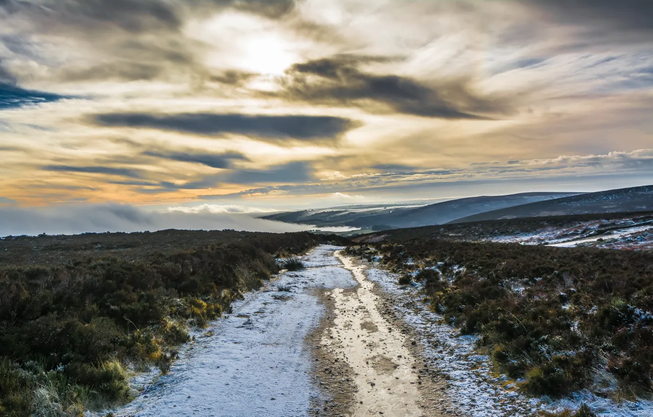 Photo wallpaper winter, road, field, morning