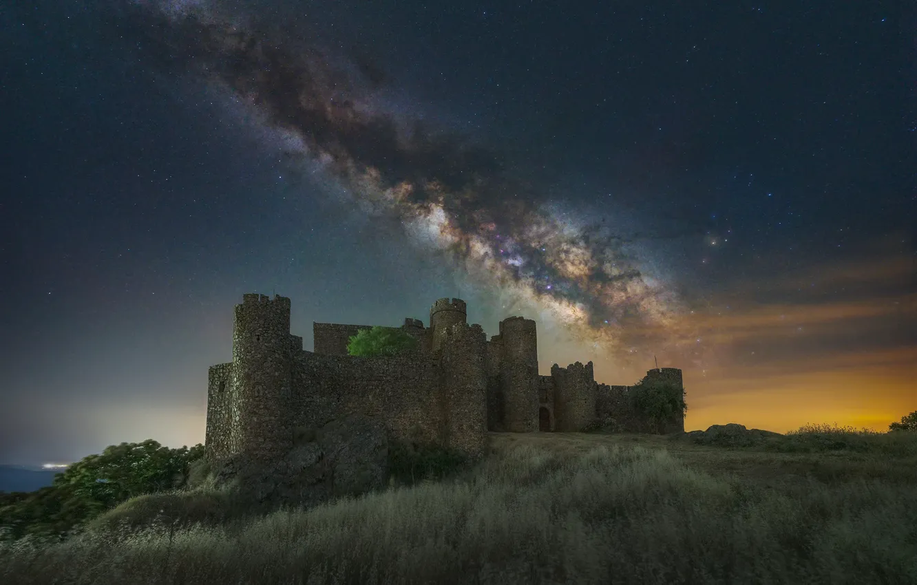 Photo wallpaper field, stars, night, castle, ruins, the milky way