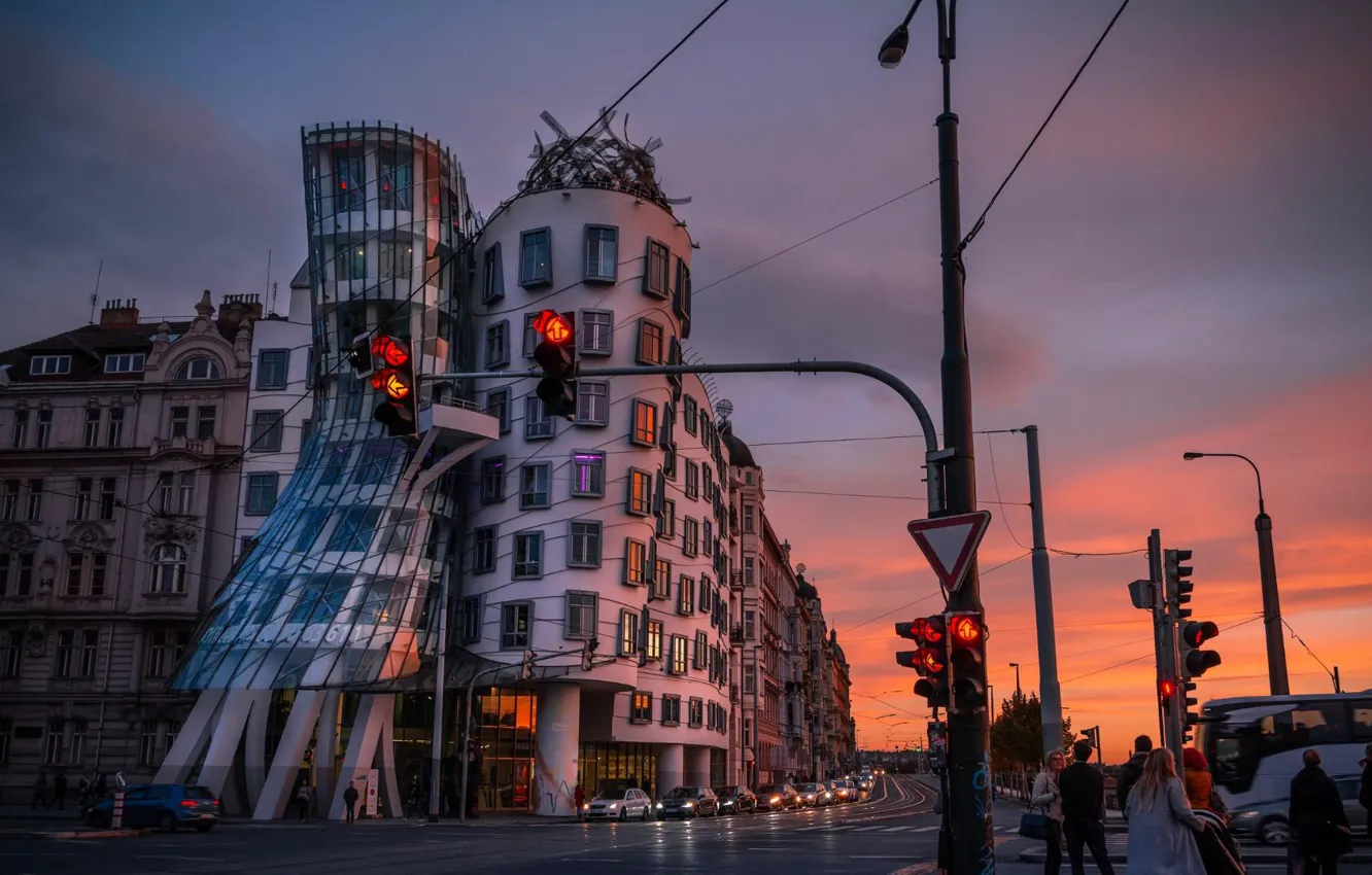 Photo wallpaper road, auto, the sky, street, the evening, Prague, Czech Republic, the dancing house