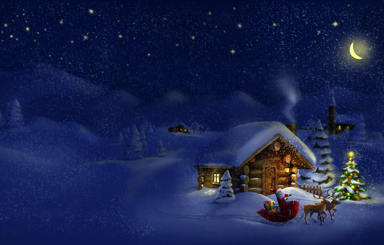 Photo wallpaper winter, snow, night, nature, the city, lights, new year, Christmas