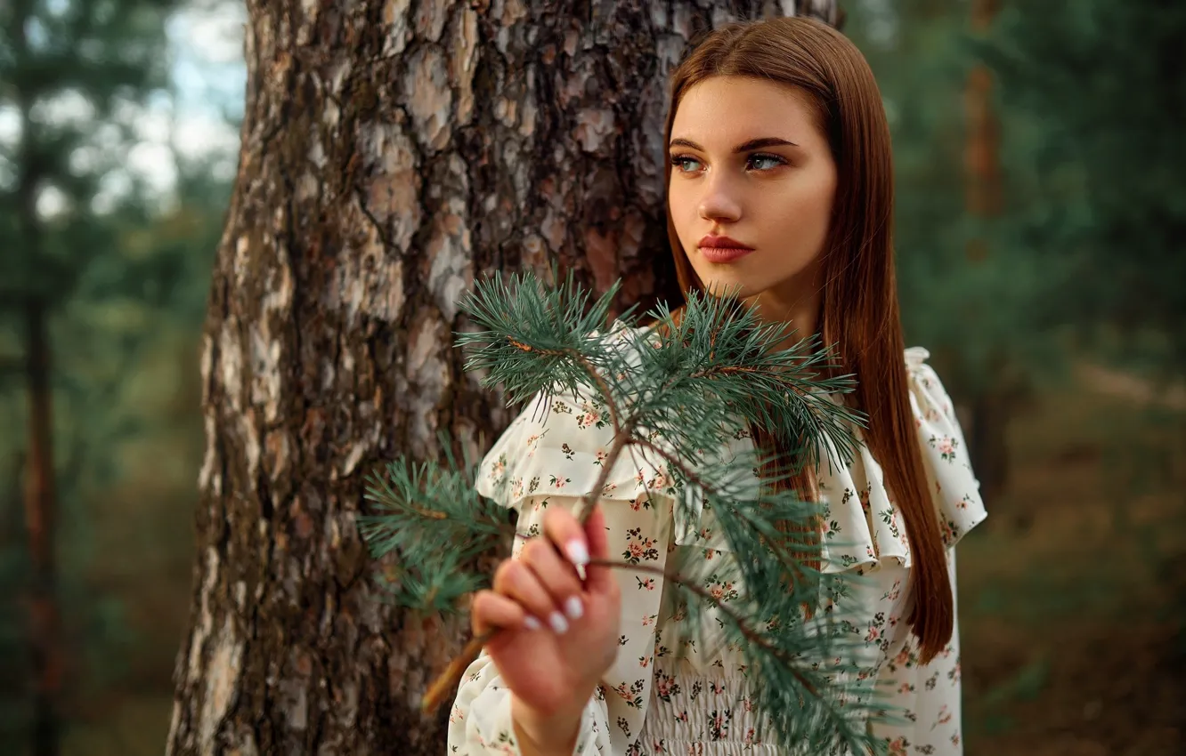 Photo wallpaper look, girl, trees, branches, face, pose, hands, long hair