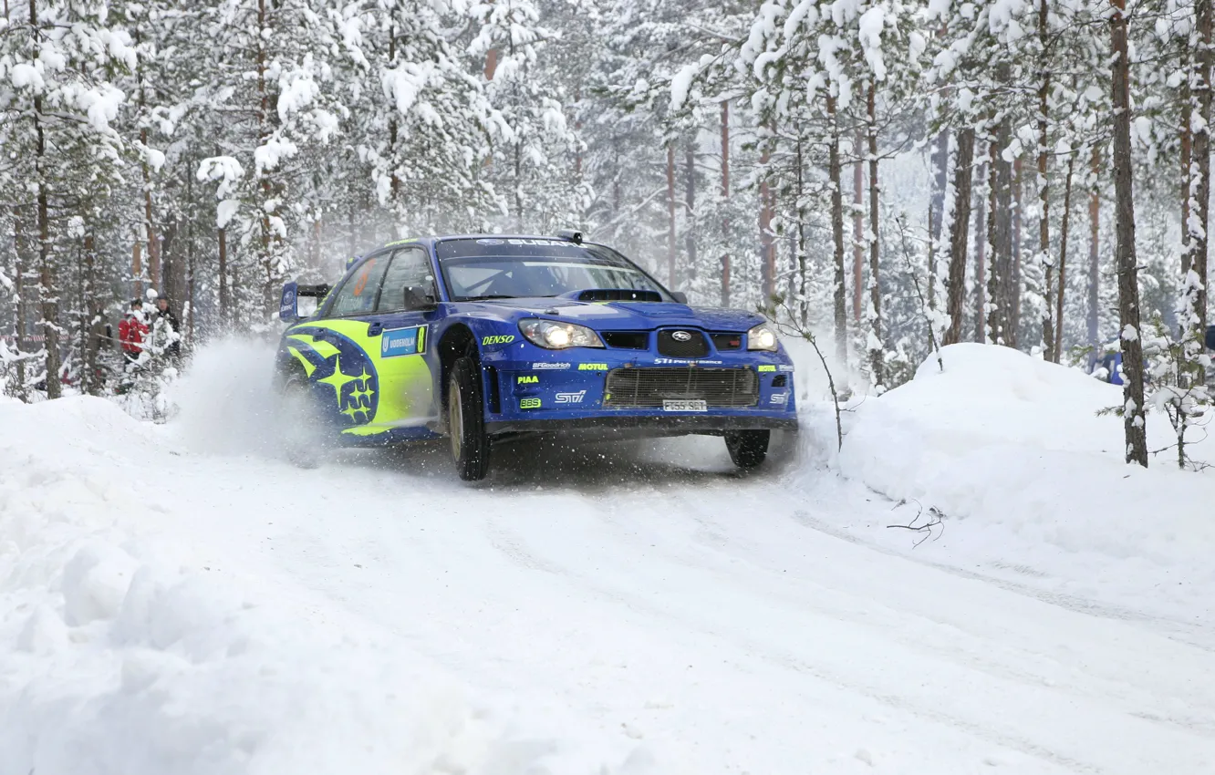 Photo wallpaper Winter, Auto, Blue, White, Subaru, Impreza, Snow, Forest