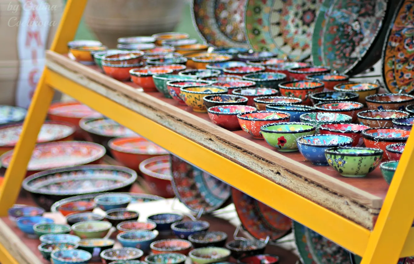 Photo wallpaper colored, beautiful, plates, Greece