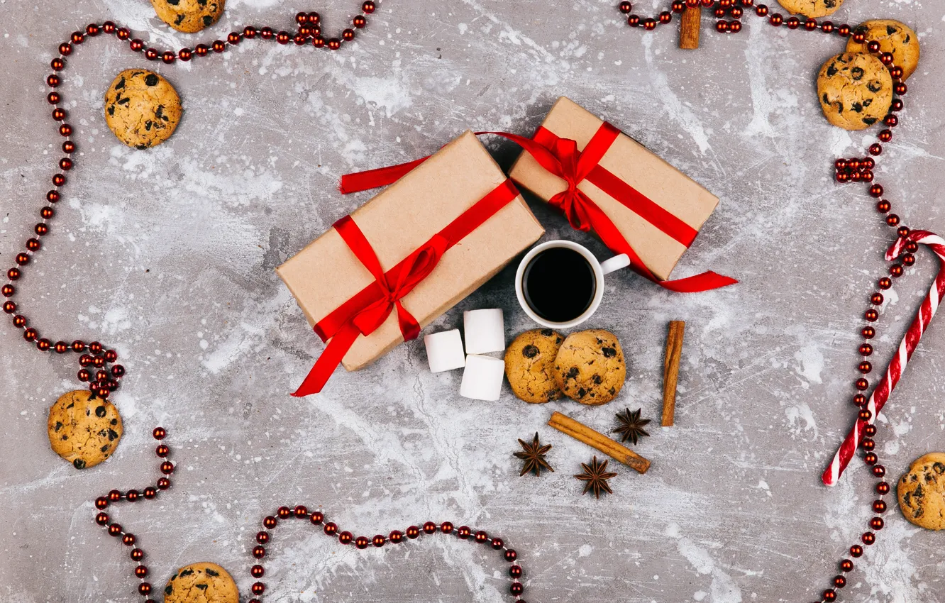 Photo wallpaper decoration, New Year, cookies, Christmas, gifts, Christmas, wood, New Year