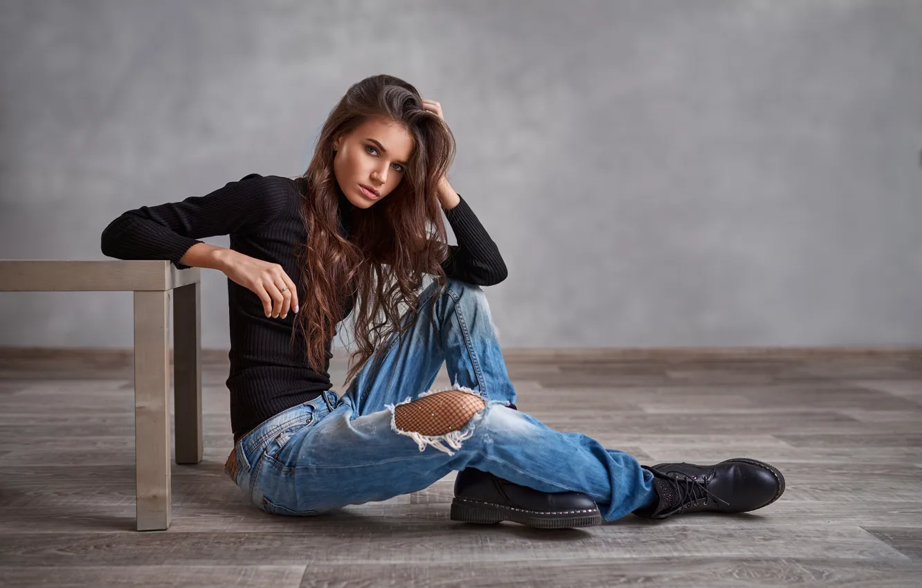 Photo wallpaper look, girl, pose, jeans, shoes, on the floor, torn, Vyacheslav Shishkov
